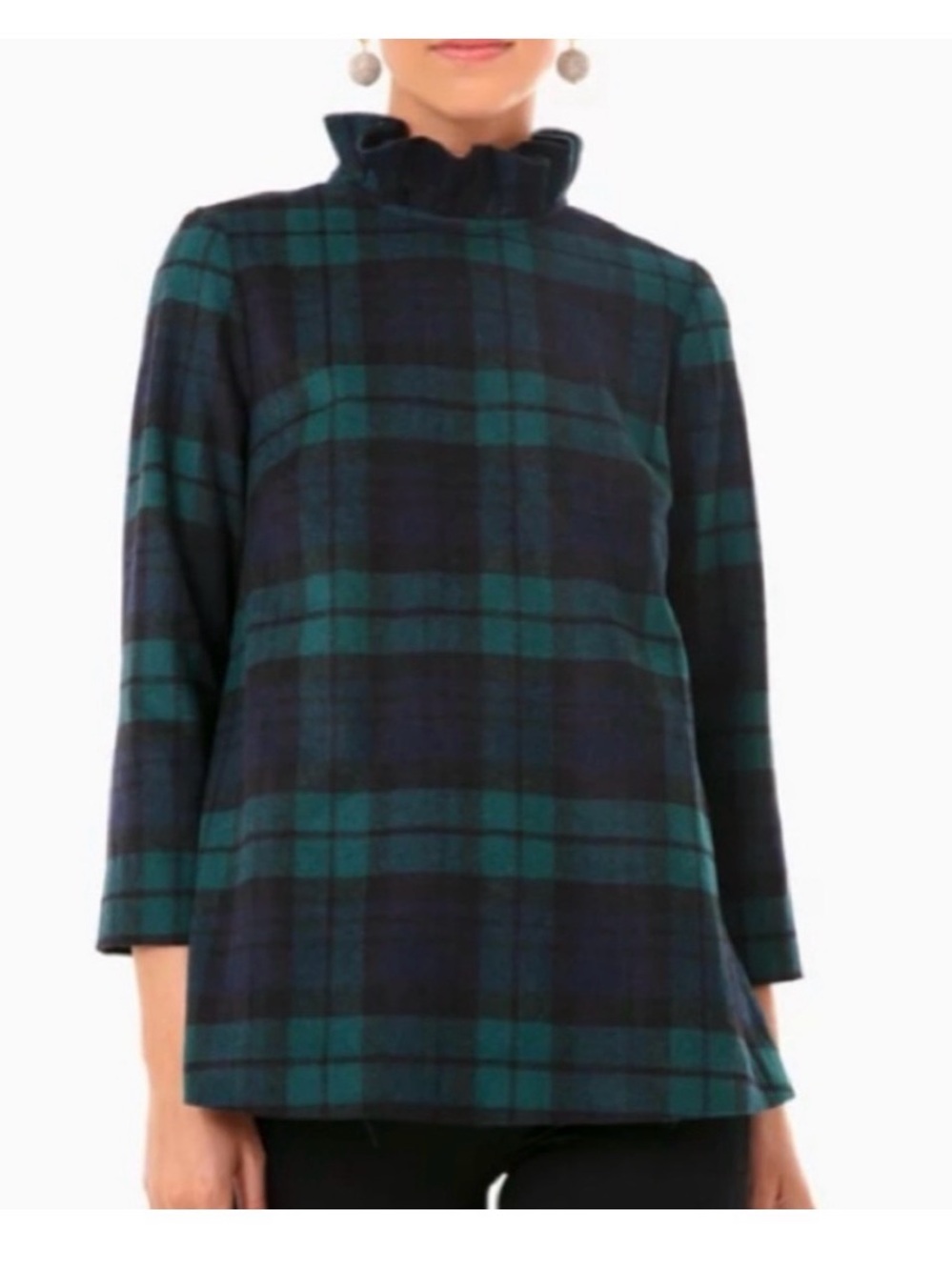 Tuckernuck Green and Navy Plaid Ruffle-Neck Top